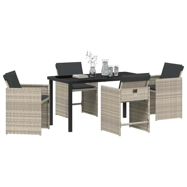 5-teiliges Garten-Essgruppen-Set mit Kissen hellgraues Poly-Rattan