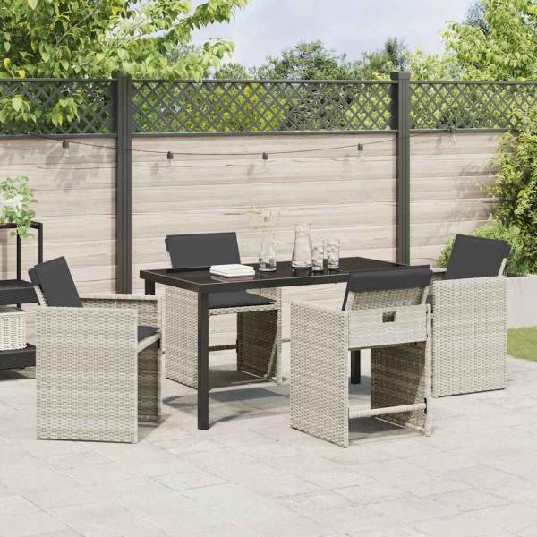 5-teiliges Garten-Essgruppen-Set mit Kissen hellgraues Poly-Rattan