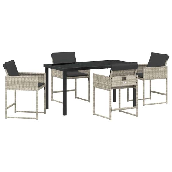 5-teiliges Garten-Ess-Set mit Kissen in Hellgrau aus Poly-Rattan