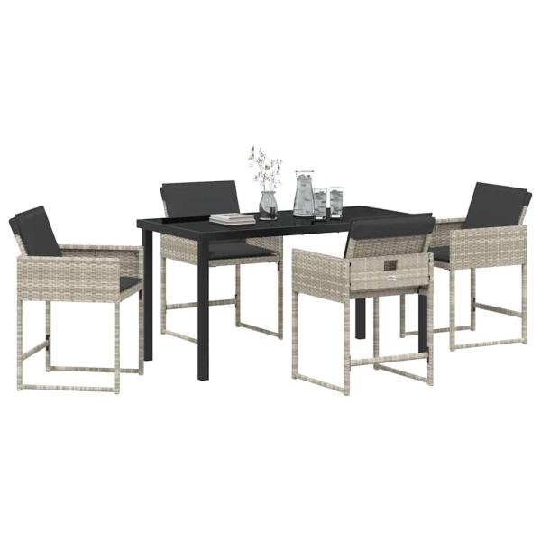 5-teiliges Garten-Ess-Set mit Kissen in Hellgrau aus Poly-Rattan