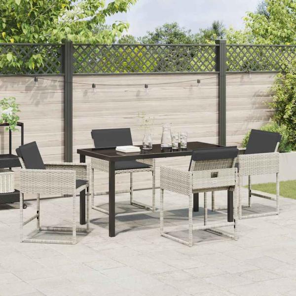 5-teiliges Garten-Ess-Set mit Kissen in Hellgrau aus Poly-Rattan