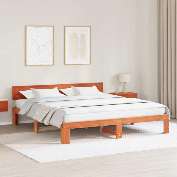 ARDEBO.de - Bettgestell mit Kopfteil Gewachstes Braun 200x200 cm Massivholz Kiefer