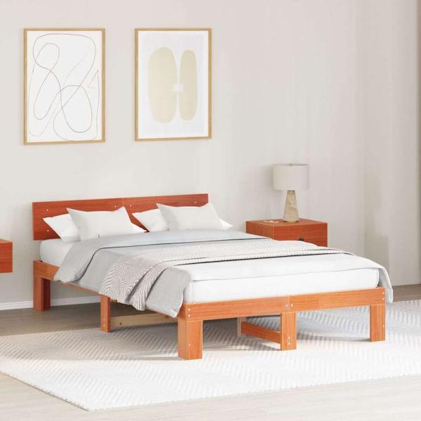 ARDEBO.de - Bettgestell mit Kopfteil Wachsbraun 135x190 cm Massivholz Kiefer