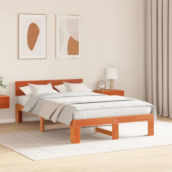Bettgestell mit Kopfteil Wachsbraun 135x190 cm Massivholz Kiefer