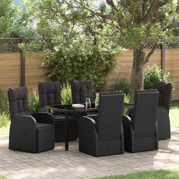 ARDEBO.de - 7-teiliges Garten-Essset mit Kissen, schwarzes Poly-Rattan