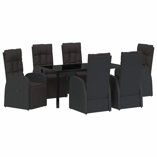 7-teiliges Garten-Essset mit Kissen, schwarzes Poly-Rattan