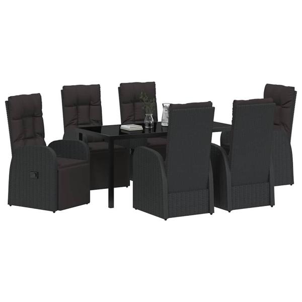 7-teiliges Garten-Essset mit Kissen, schwarzes Poly-Rattan