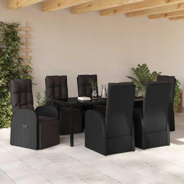7-teiliges Garten-Essset mit Kissen, schwarzes Poly-Rattan