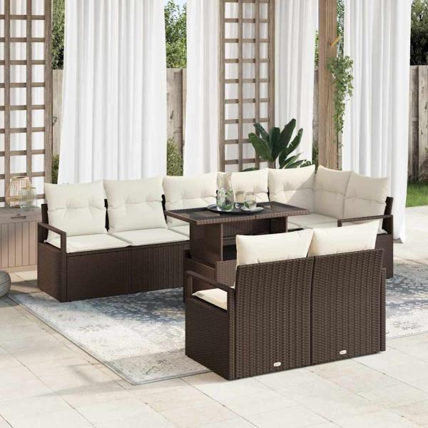 ARDEBO.de - Garten-Sofa-Set mit Kissen 9 pcs Braun und Creme Poly-Rattan