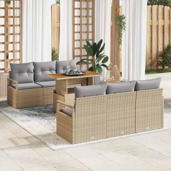 ARDEBO.de - 7-teiliges Garten-Sofa-Set mit Kissen Beige Poly Rattan Akazie
