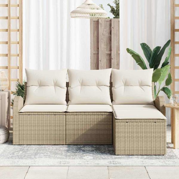 4-teiliges Garten Sofa Set mit Kissen Beige Poly Rattan