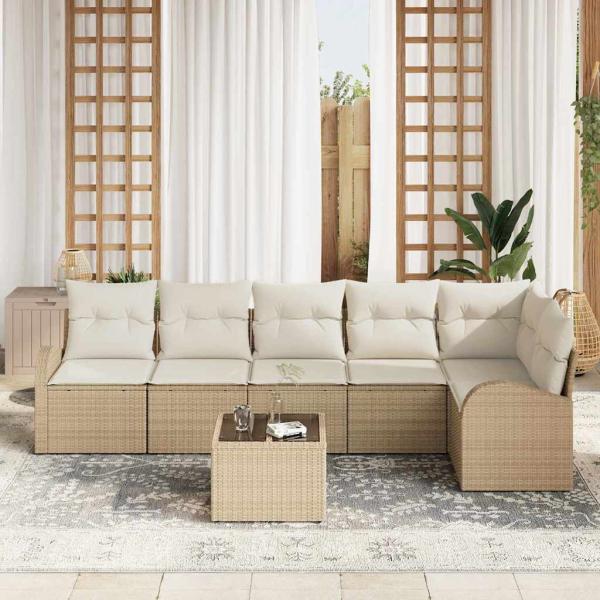 7-teiliges Garten Sofa Set mit Kissen Braunes Poly Rattan