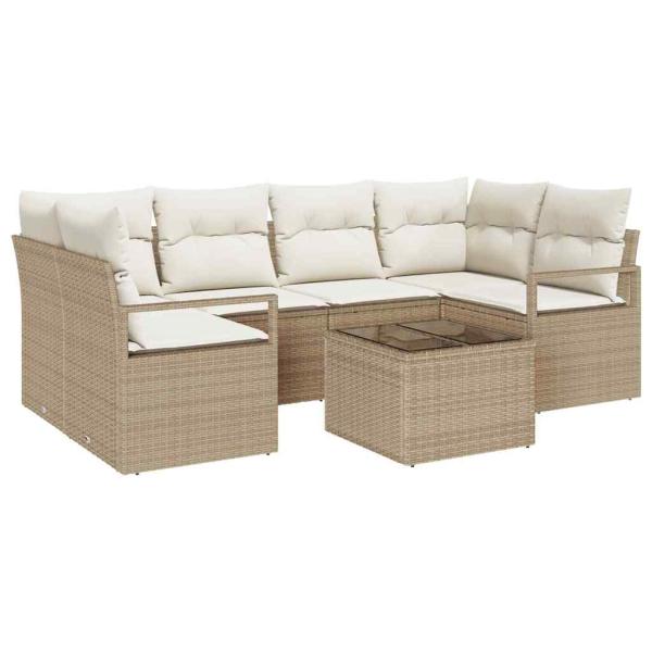 7-teiliges Garten-Sofa-Set mit Kissen, Beige, Poly-Rattan