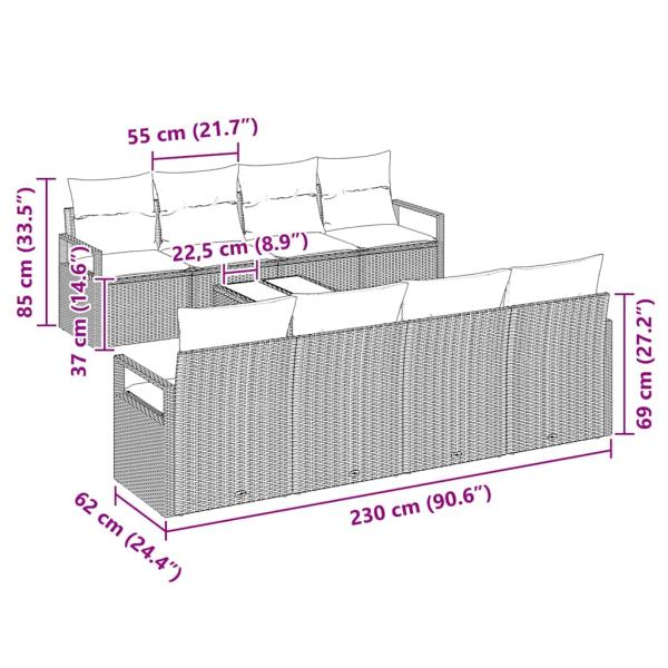9-teilige Garten Sofa Set mit Kissen Beige Poly Rattan