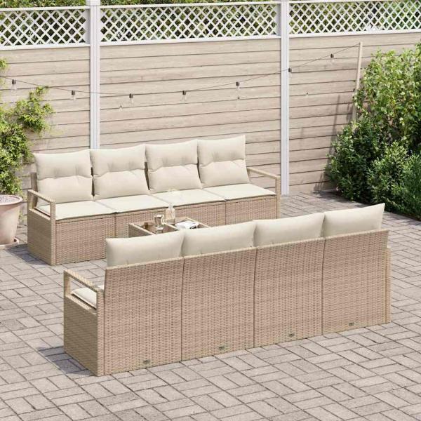9-teilige Garten Sofa Set mit Kissen Beige Poly Rattan