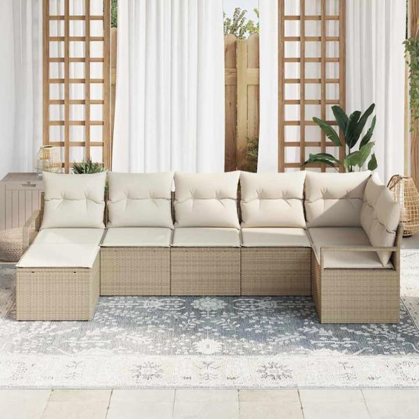 ARDEBO.de - 7-teiliges Garten-Sofa-Set mit Kissen Beige Poly Rattan