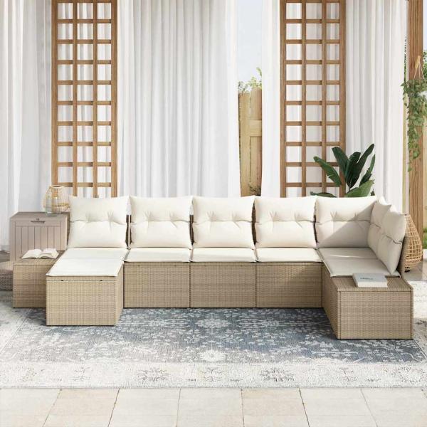 7-teiliges Garten-Sofa-Set mit Kissen in Beige Poly-Rattan