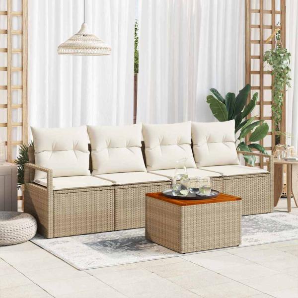 ARDEBO.de - 5-tlg. Garten-Sofagarnitur mit Kissen Beige Poly Rattan Akazie