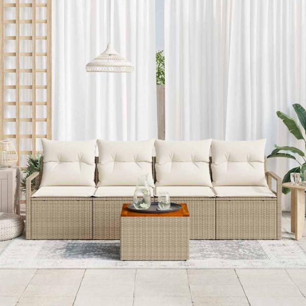 5-tlg. Garten-Sofagarnitur mit Kissen Beige Poly Rattan Akazie