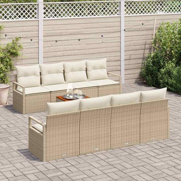 9-teiliges Garten Sofa Set mit Kissen Beige Poly Rattan Akazie