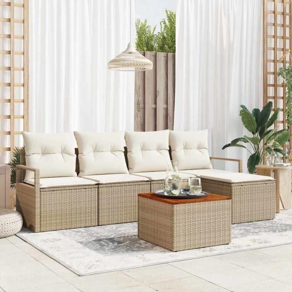 ARDEBO.de - 6-teiliges Garten Sofa Set mit Kissen Beige Poly Rattan Akazie