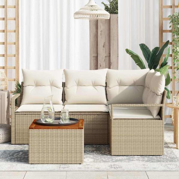 5-teilige Garten Sofagarnitur mit Kissen Beige Poly Rattan Akazie