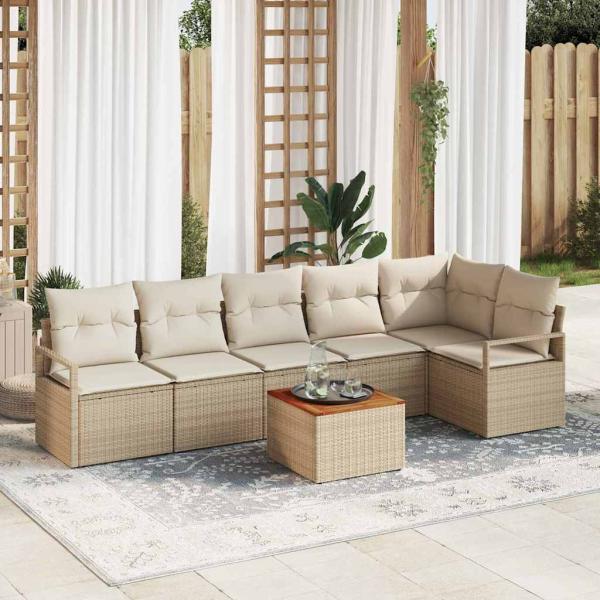 ARDEBO.de - 7-teiliges Garten Sofa Set mit Kissen Beiges Poly-Rattan Akazie