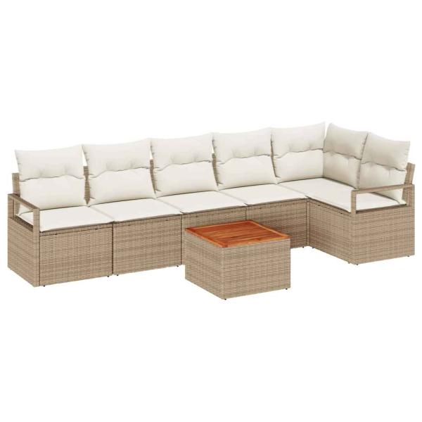 7-teiliges Garten Sofa Set mit Kissen Beiges Poly-Rattan Akazie