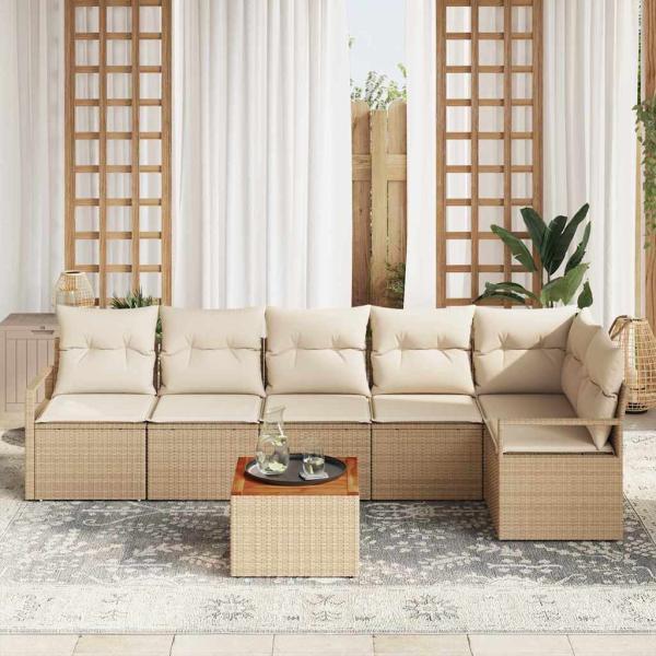 7-teiliges Garten Sofa Set mit Kissen Beiges Poly-Rattan Akazie