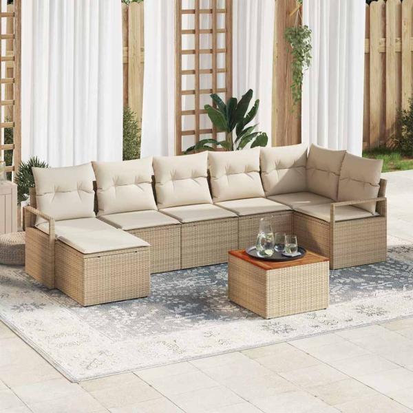 ARDEBO.de - 8-teiliges Garten Sofa Set mit Kissen Beige Poly Rattan Akazie