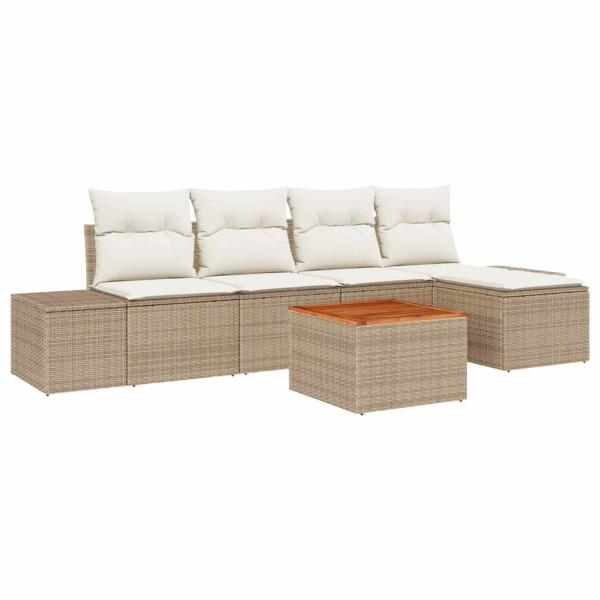 6-tlg. Garten-Sofagarnitur mit Kissen Beige Poly Rattan Akazie