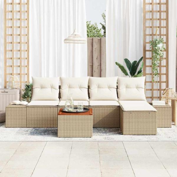 6-tlg. Garten-Sofagarnitur mit Kissen Beige Poly Rattan Akazie