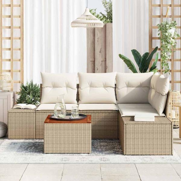 5-teiliges Garten-Sofa Set mit Kissen Beige Poly Rattan Akazie