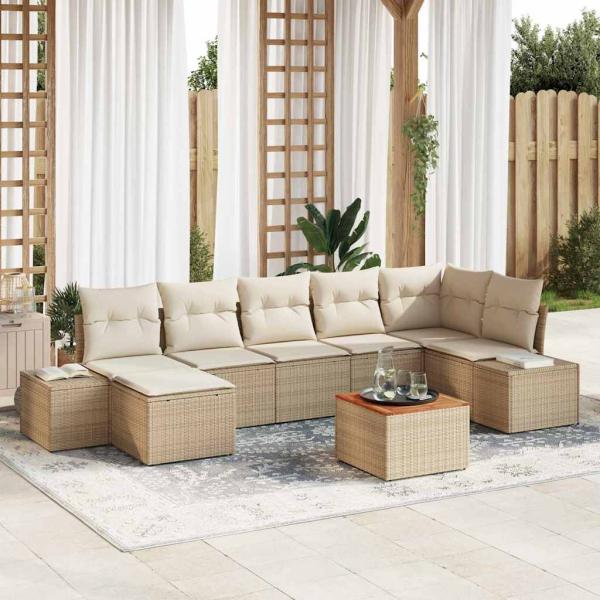 ARDEBO.de - 8-teiliges Garten Sofa Set mit Kissen Beige Poly Rattan Akazie
