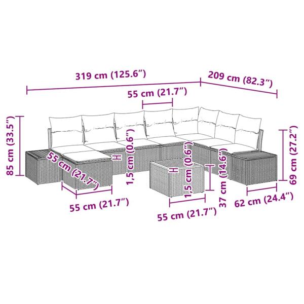 9-teiliges Garten Sofa Set mit Kissen Beige Poly Rattan Akazie