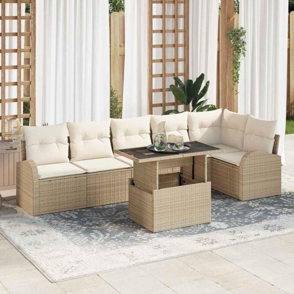 ARDEBO.de - 7-teiliges Garten Sofa Set mit Kissen Beige Poly Rattan