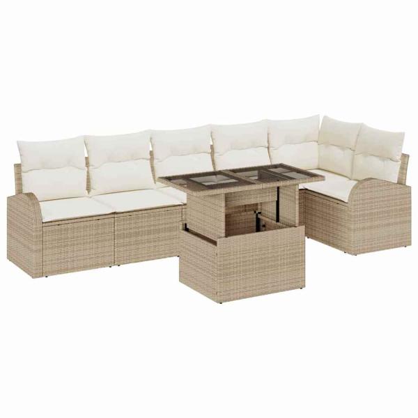 7-teiliges Garten Sofa Set mit Kissen Beige Poly Rattan