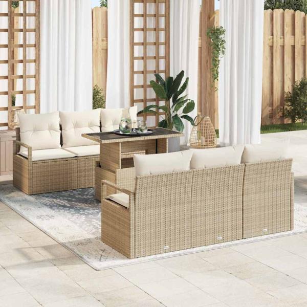 ARDEBO.de - 7-teiliges Garten Sofa Set mit Kissen Beige Poly Rattan