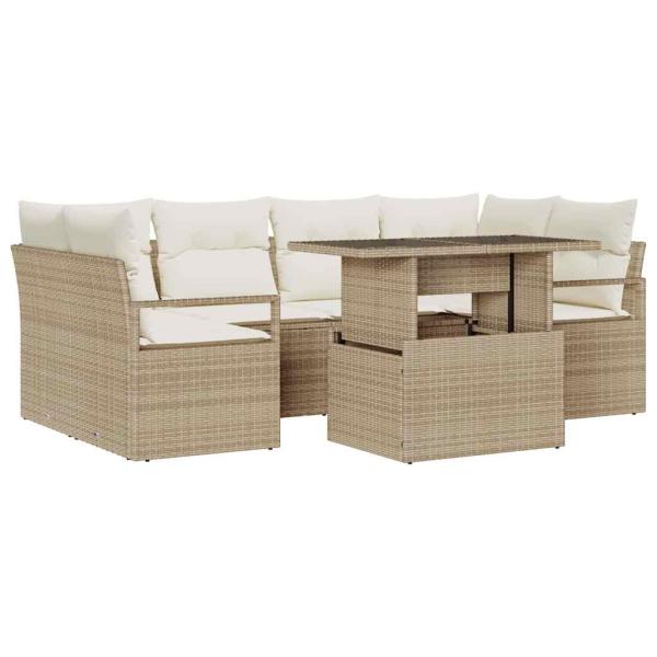 7-teiliges Garten-Sofa-Set mit Kissen beige Poly-Rattan