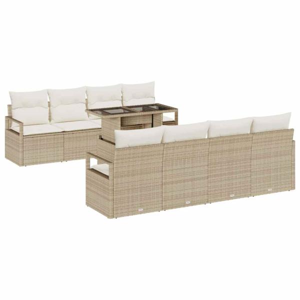 9-tlg. Garten-Sofagarnitur mit Kissen Beige Poly Rattan