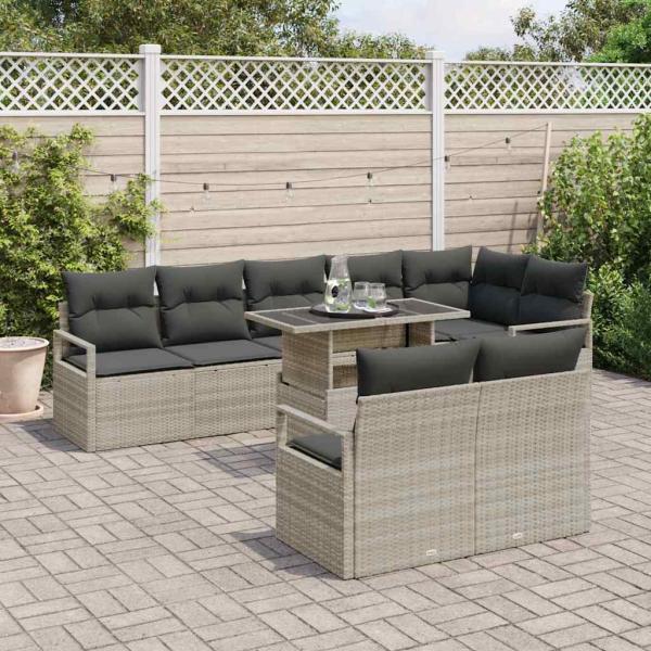 9-tlg. Garten-Sofagarnitur mit Kissen Hellgrau Poly Rattan