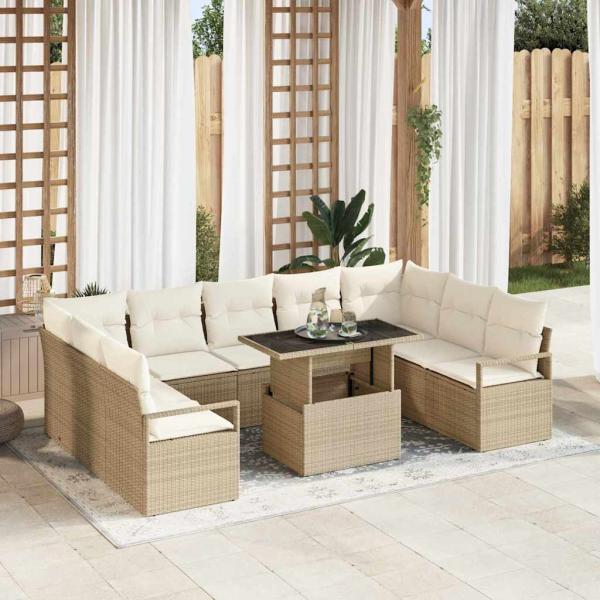 ARDEBO.de - 10-tlg. Garten-Sofagarnitur mit Kissen Beige Poly Rattan