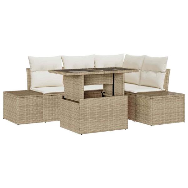 5-tlg. Garten-Sofagarnitur mit Kissen Beige Poly Rattan