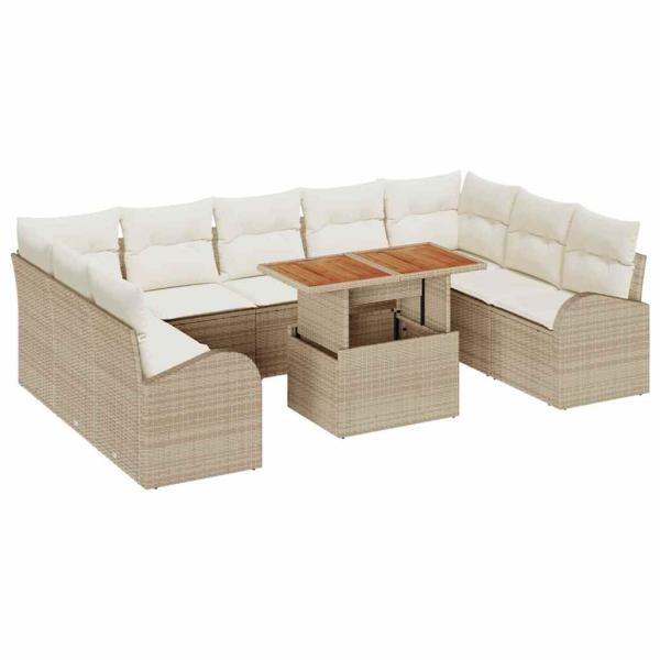 10-teiliges Garten Sofa Set mit Kissen Beige Poly Rattan