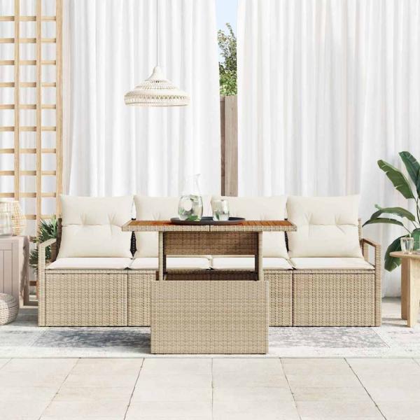 5-teiliges Garten Sofa Set mit Kissen Beige Poly Rattan