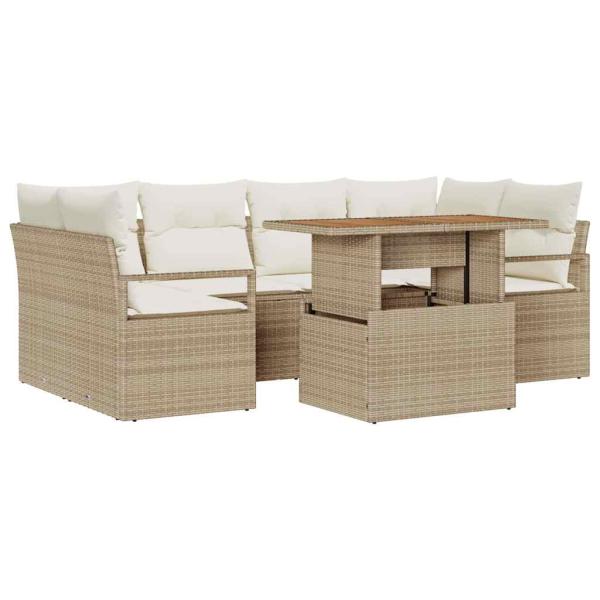 7-teiliges Garten Sofa Set mit Kissen Beige Poly Rattan