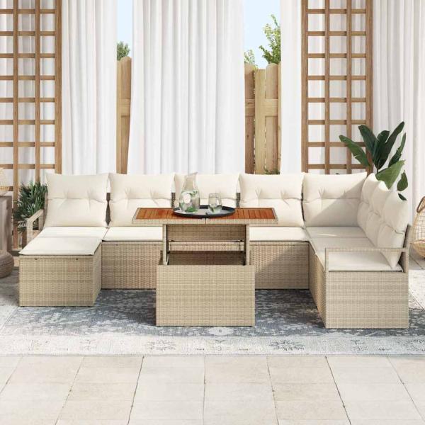 9-teiliges Garten Sofa Set mit Kissen Beige Poly Rattan