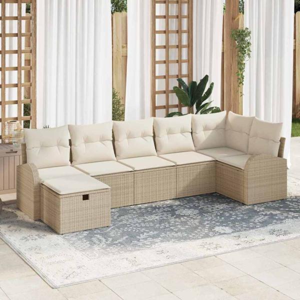 ARDEBO.de - 7-teiliges Garten Sofa Set mit Kissen Beiges Poly Rattan