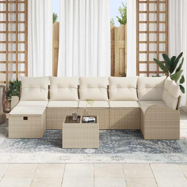 8-teiliges Garten-Sofa-Set mit Kissen Beige Poly-Rattan