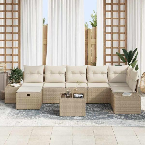 8-tlg. Garten-Sofagarnitur mit Kissen Beige Poly Rattan